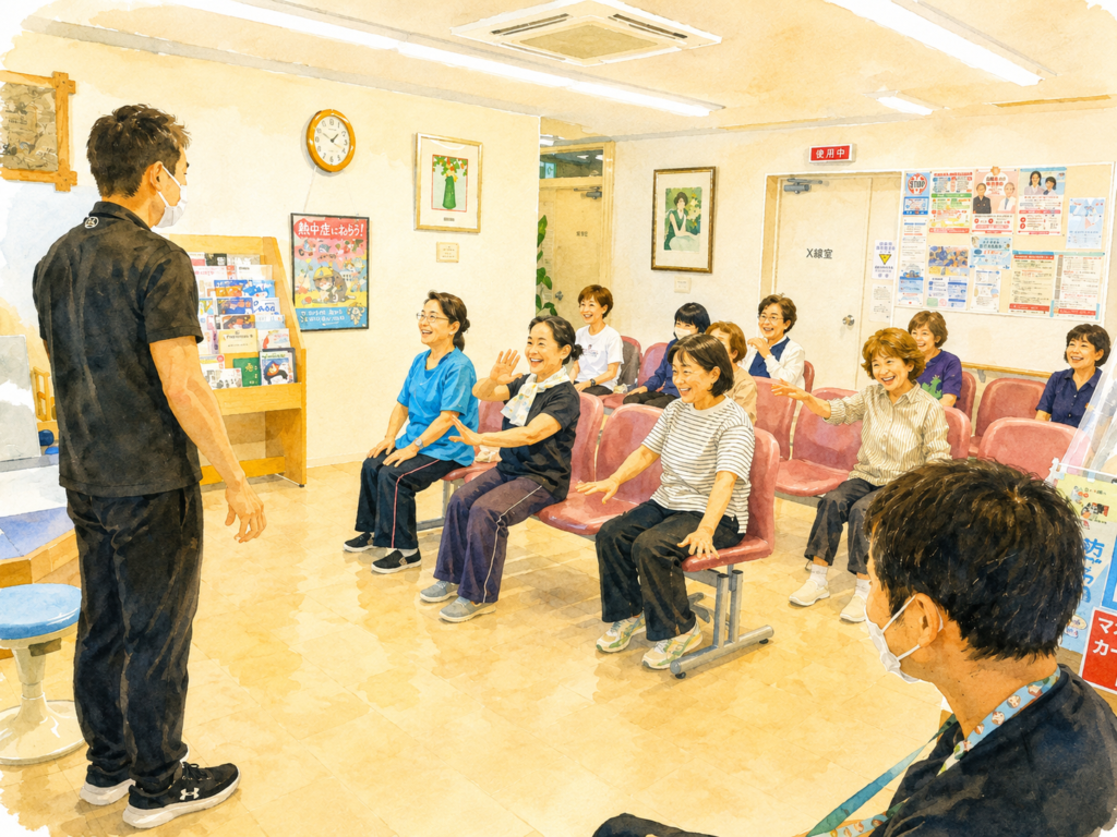 2026年7月25日開催の健康体操講座の様子をイラスト化したもの。大津市中井医院にて開催したイベント。