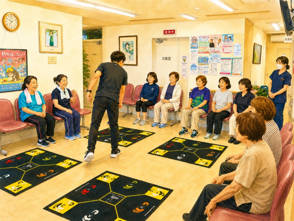 2026年7月25日で大津市の中井医院で開催した健康体操講座の様子。当日の写真をプライバシー保護の観点からイラスト化したもの。